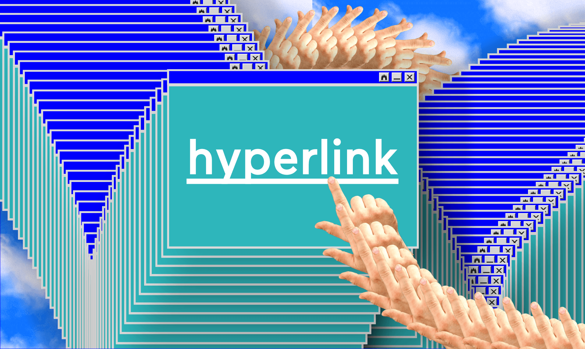 Campagnebeeld van Hyperlink event bestaande uit een repeterend window referent aan vastlopende Windows. De cursor in de vorm van een menselijke hand met uitgestoken wijsvinger wijst naar de eventtitel. 