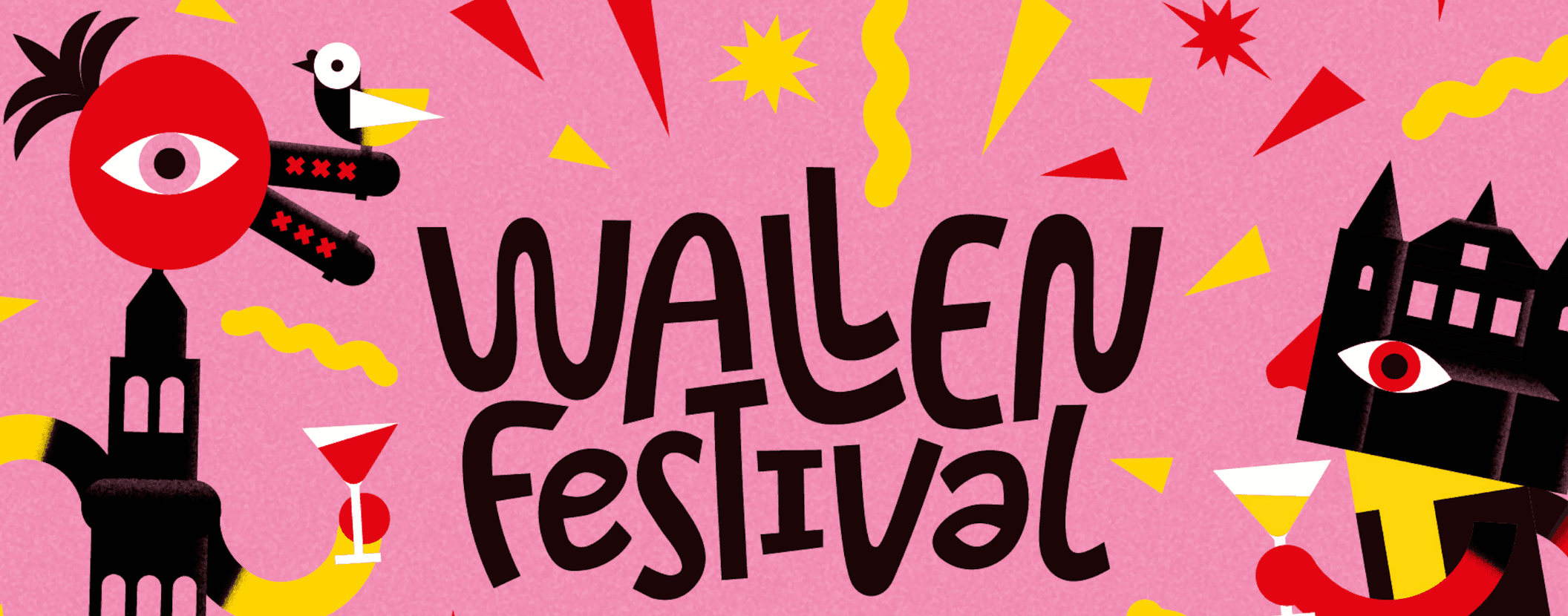 Een graphic in het roze met de tekst 'wallen festival'