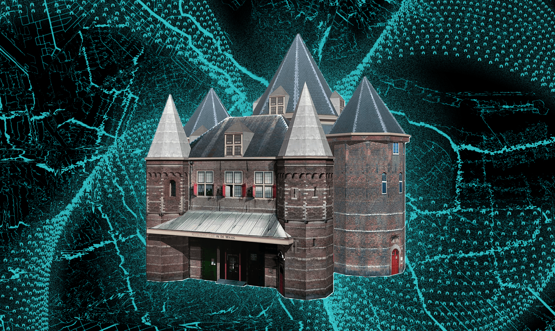 Een grafische illustratie van het gebouw van Waag, een burcht met vijf torens, met als achtergrond een stad-achtige netwerk infrastructuur in turquoise lijnen tegen een zwarte achtergrond