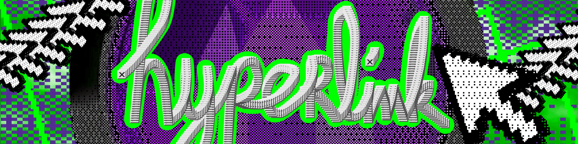Banner met het woord "hyperlink" opgebouwd uit Windows-sluitknoppen. Aan de randen pixelcursors en geblokte patronen in zwart, wit en groen.